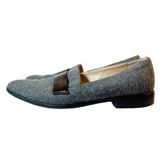 J. Crew Flats Gray Felted Wool Black Patent Leather Loafers Womens Size 8 Preppy - Picture 3 of 14